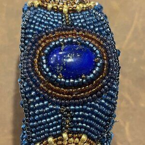 Handcrafted beaded Lapis cuff bracelet